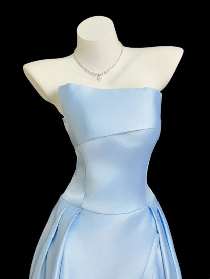 Beautiful A line Strapless Blue With Ruffles Long Prom Dress Formal Dress Party Dresses RB7212