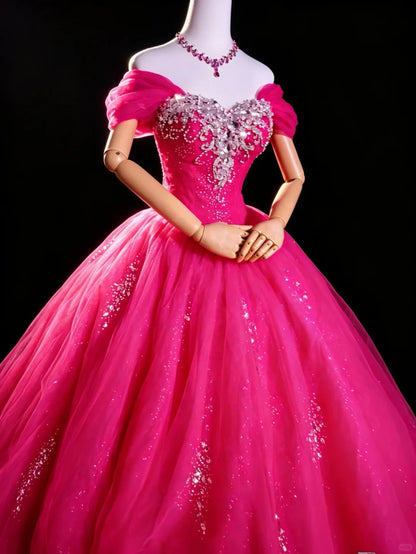 Prinzessinnen Ballkleid Off-Shoulder Hot Pink Quince Kleid Lang Süße 15 16 Quinceañera Kleider Vestido de princesa RB4475