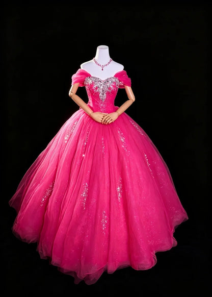Prinzessinnen Ballkleid Off-Shoulder Hot Pink Quince Kleid Lang Süße 15 16 Quinceañera Kleider Vestido de princesa RB4475