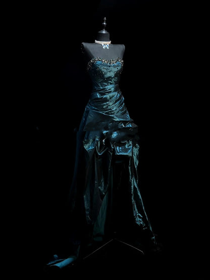 Whimsical High Low Dark Green With Beaded Bodice Long Prom Dresses Night Formal Dress N610