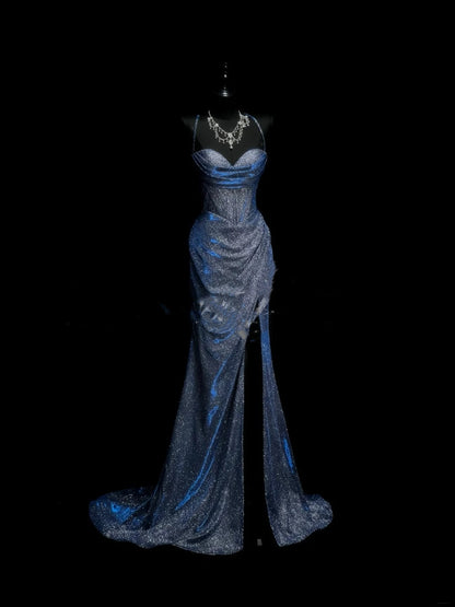 Elegantes Meerjungfrauen-Abendkleid mit Spaghettiträgern, marineblauem Schlitz und Pailletten, langes Abendkleid, formelles Partykleid, Vestidos De Dia AB615