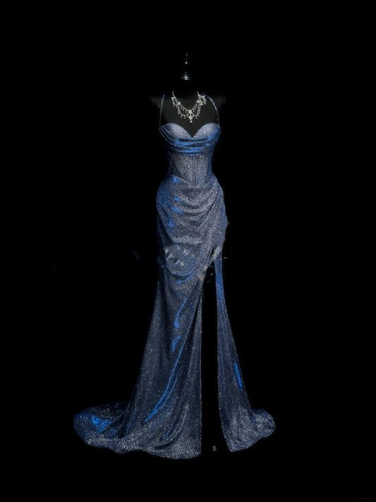 Elegant Mermaid Spaghetti Straps Navy Blue Slit Sequins Long Prom Dresses Formal Party Gowns Vestidos De Dia AB615