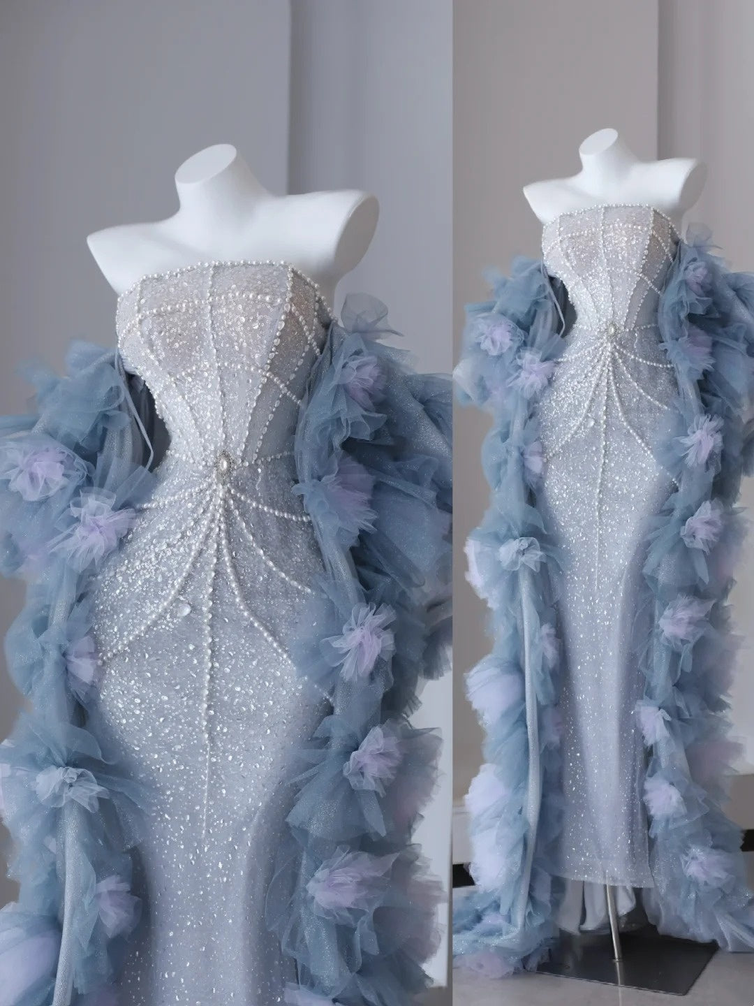 Robes de bal scintillantes sirène sans bretelles bleu ciel pailletées avec perles longue robe de soirée N2921