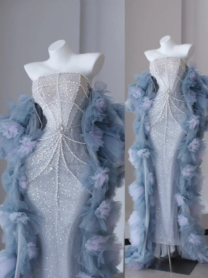 Robes de bal scintillantes sirène sans bretelles bleu ciel pailletées avec perles longue robe de soirée N2921
