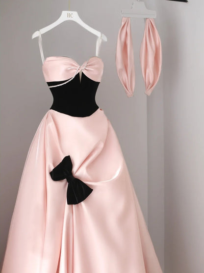 Robes de Bal Élégantes Robe de Soirée sans Bretelles en Satin Rose Poudré avec Nœud Papillon Plissé Longue Robe de Cérémonie N2923