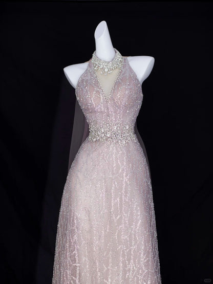 Robe de soirée élégante trapèze dos nu rose fard à joues avec perles et sequins pour anniversaire et bal de promo N2829