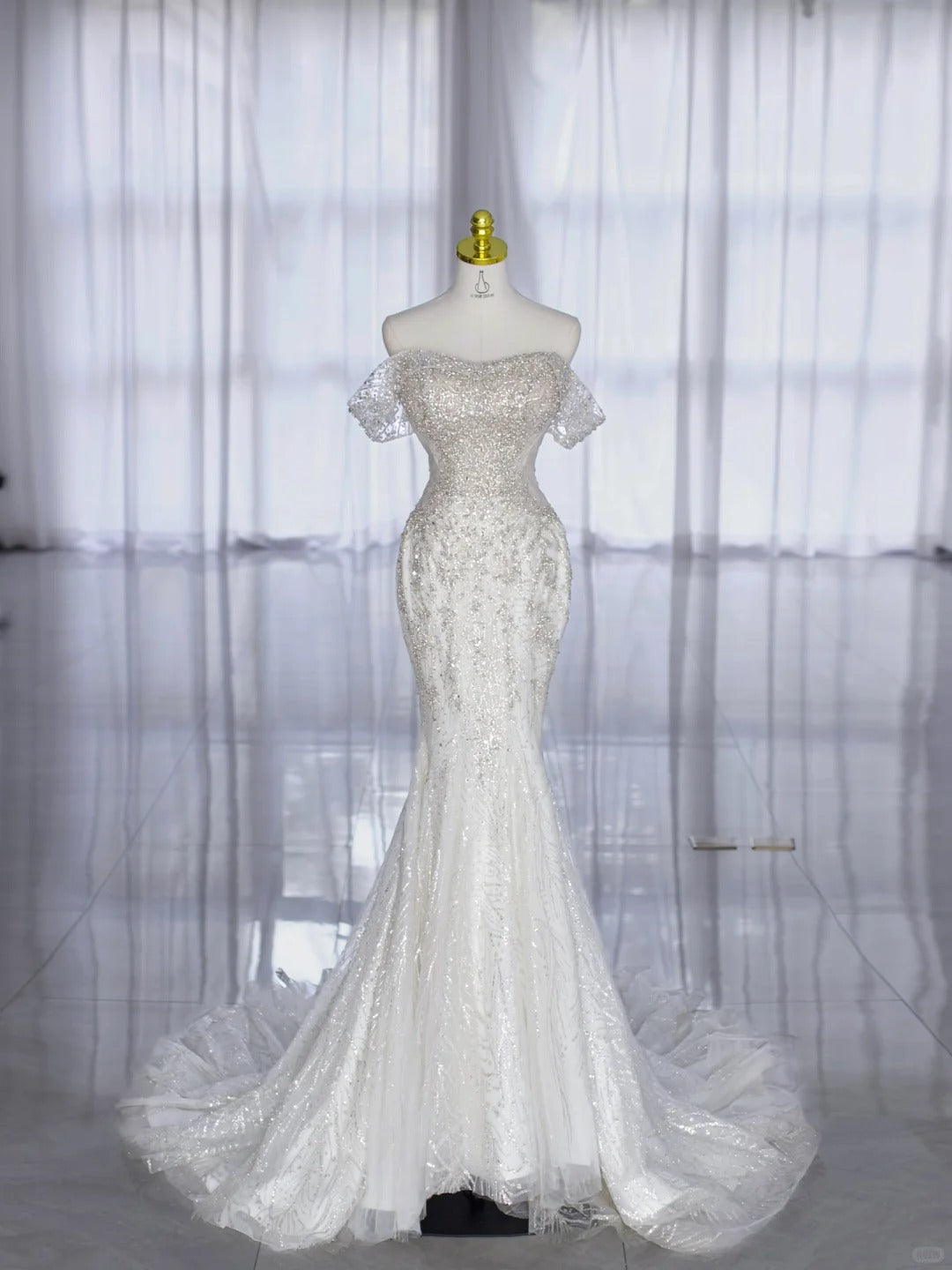 Modest Wedding Dresses Mermaid Off The Shoulder Sequin With Beading Long Brides Gown N2997