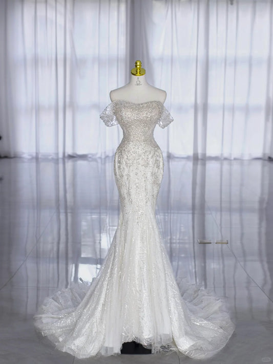 Robes de mariée sirène modestes, épaule dénudée, sequin avec perles, longue robe de mariée N2997