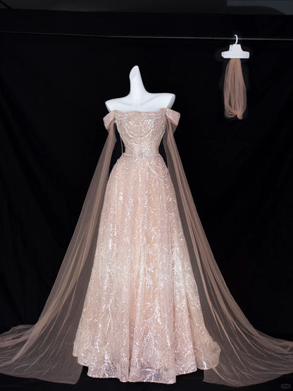 Élégante robe de soirée rose poudré coupe trapèze à épaules dénudées avec manches courtes et sequins pour anniversaire ou bal de promo N2828