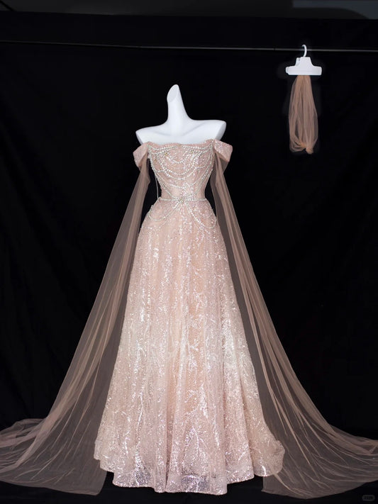 Elegantes A-Linien-Kleid in Altrosa mit Carmen-Ausschnitt und kurzen Ärmeln, Pailletten, Geburtstags-Ballkleid N2828