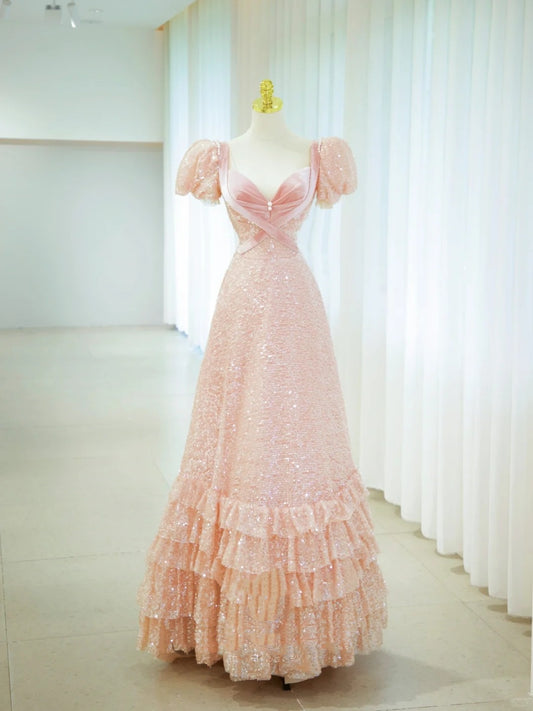 Sweet Ball Gown Sweetheart Short Sleeves Pink Sequined Long Formal Dress Birthday Prom Dresses N2855