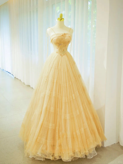 Belles robes de bal pour le bal Robe de bal à fines bretelles en tulle jaune avec perles, longue robe de soirée N2932