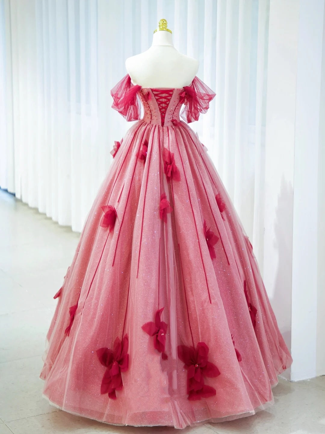 Hübsche Ballkleider Trägerloses Rot Tüll mit Blumen Langes Abendkleid N2937