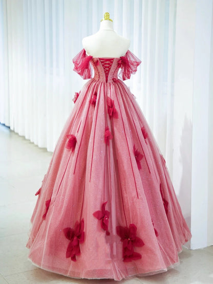Hübsche Ballkleider Trägerloses Rot Tüll mit Blumen Langes Abendkleid N2937