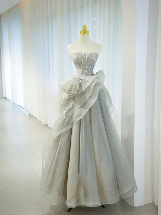 Elegant Ball Gown Strapless Gray With Appliqued Tulle Long Formal Dress Birthday Prom Dresses N2854