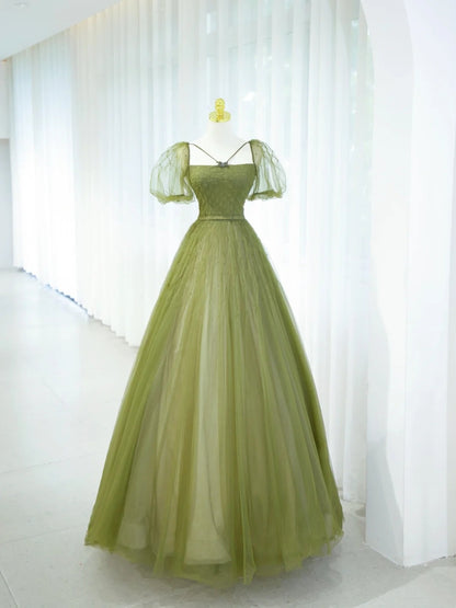 Robe de bal élégante verte, col carré, tulle, longue robe de soirée, robes de bal pour 18ème anniversaire N2853