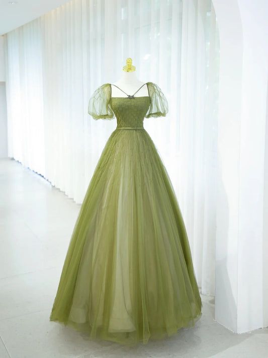 Elegant Ball Gown Green Square Neck Tulle Long Formal Dress 18th Birthday Prom Dresses N2853