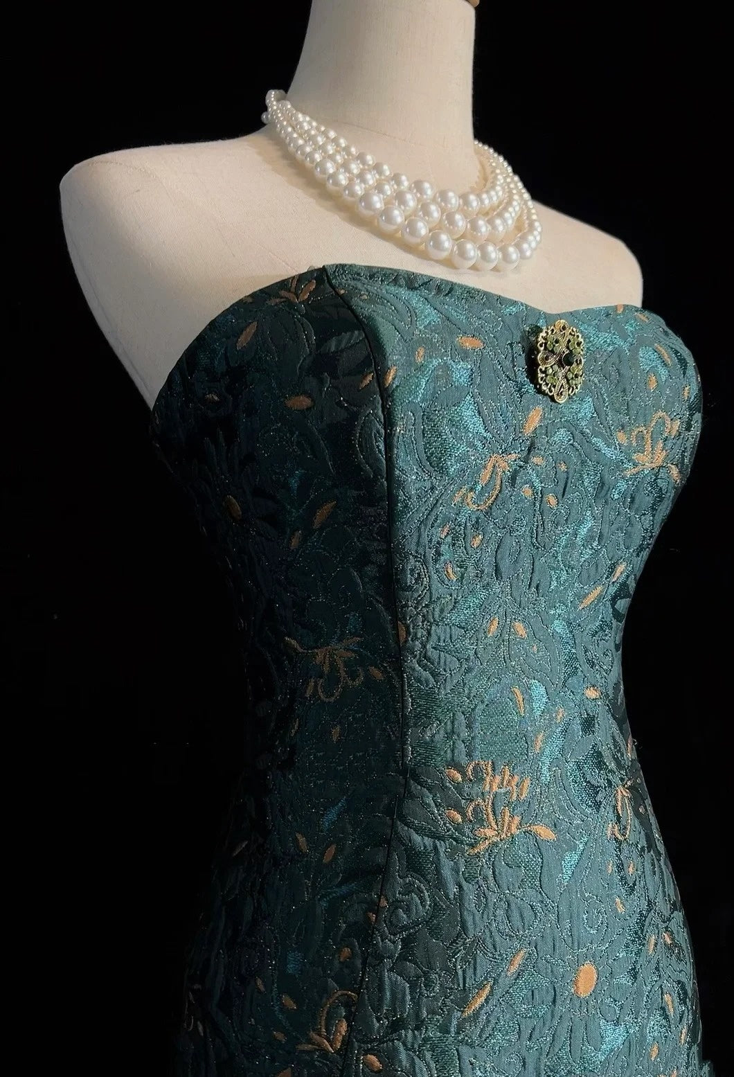Robes de bal élégantes sirène bustier vert foncé longueur ras du sol dentelle satin robe de soirée N3707