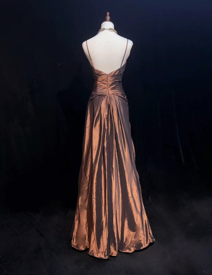 Vintage Meerjungfrau-Abschlussballkleider mit Spaghettiträgern, braunem Satin, 80er Jahre, lange formelle Abendgarderobe N3876