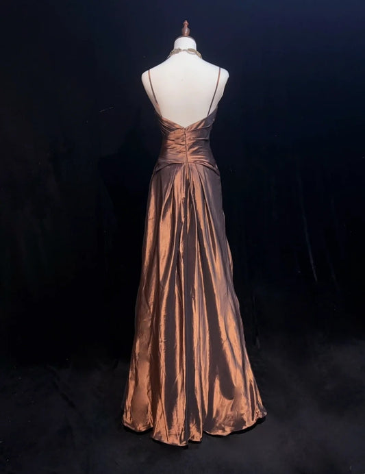 Vintage Meerjungfrau-Abschlussballkleider mit Spaghettiträgern, braunem Satin, 80er Jahre, lange formelle Abendgarderobe N3876