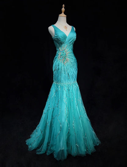 Robes de bal modestes d'inspiration sirène col en V bleu avec perles à volants pour femme robe de soirée N3234