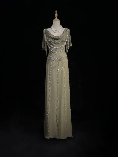 Vintage Prom Dresses A-Linie Cowl Neck Chiffon mit Perlen 80er Jahre Abendkleid Ballkleid RB3273