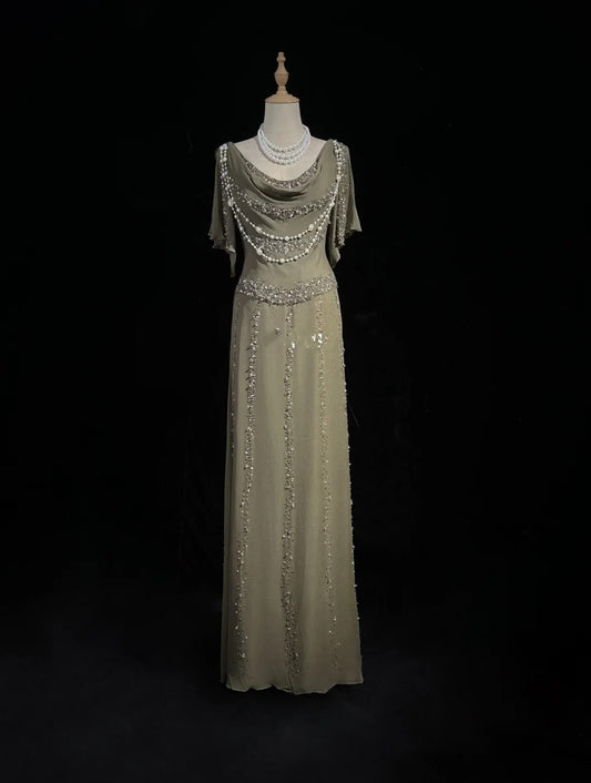 Vintage Prom Dresses A-Linie Cowl Neck Chiffon mit Perlen 80er Jahre Abendkleid Ballkleid RB3273