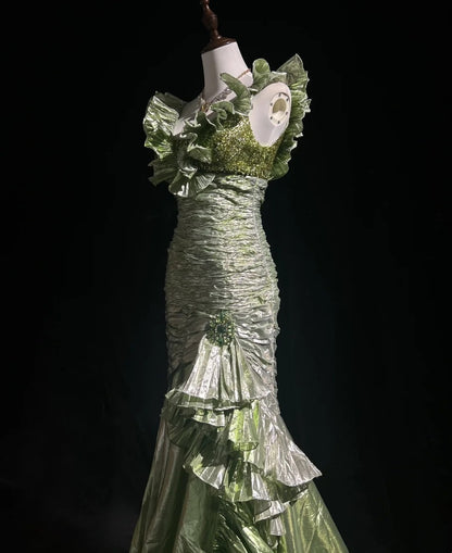 Vintage Ball Ästhetische Kleider Meerjungfrau V-Ausschnitt Grün mit Perlen Lang Abendkleid N3059