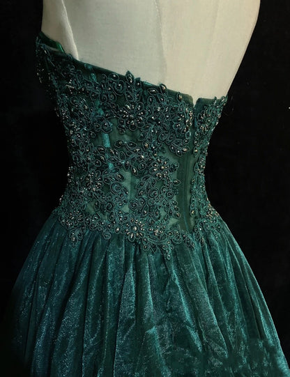Robes de bal de promo modestes sans bretelles vert foncé avec dentelle appliquée, longues robes de soirée N3451