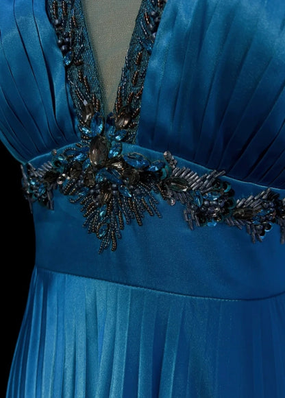 Vintage Prom Dresses A line Halter Blue Satin With Beads Mid Length 80s Formal Gown N2581