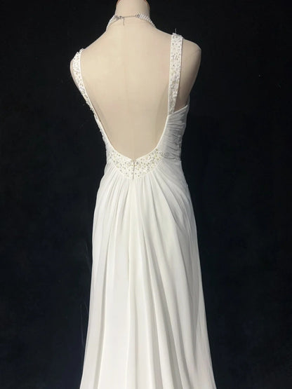 Robes de bal blanches simples, coupe trapèze, col en V, mousseline sans manches avec perles, robe de soirée semi-formelle N3820