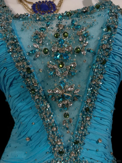 Vintage Ballkleider Meerjungfrau Neckholder Blau Chiffon 80er mit Perlenstickerei Lange Formelle Abendgarderobe N4201