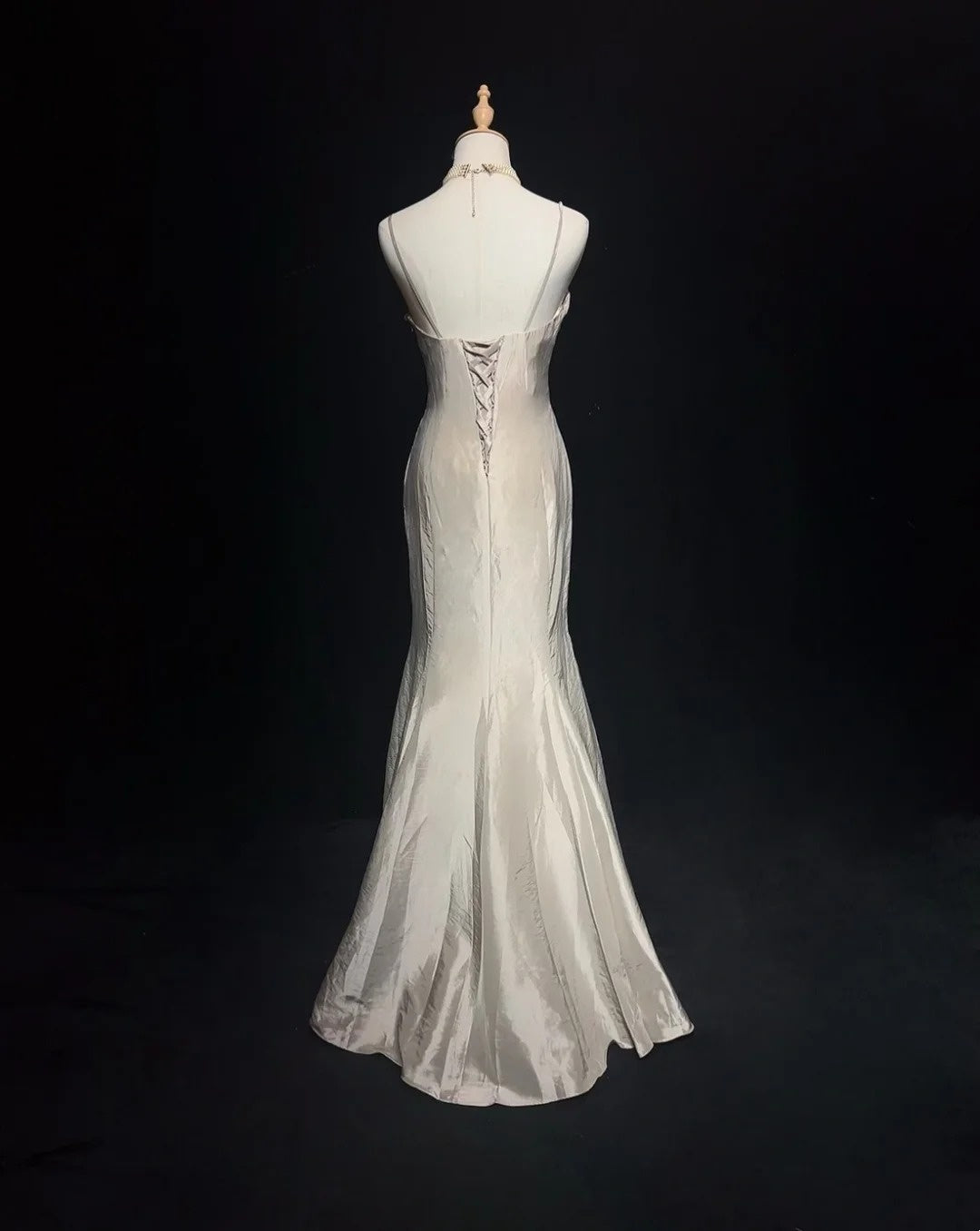 Robes de Bal Vintage Sirène Bretelles Fines Taffetas Argenté Brodé Années 90 Robe de Soirée Longue N2892