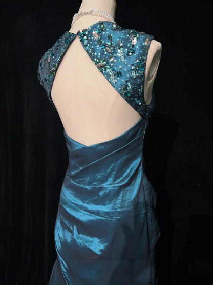 Belles robes de bal sirène col carré sarcelle dos nu avec bustier volanté longues tenues de soirée N3363