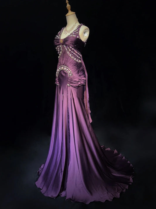 Vintage Abschlussballkleider Meerjungfrau V-Ausschnitt Lila Chiffon 80er Jahre Mit Perlen Lang Formelle Abendgarderobe N3896