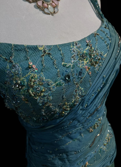 Vintage Abschlussballkleider A-Linie 2000er Spaghettiträger Blau Chiffon Mit Perlen Spitze Langes Abendkleid N2459