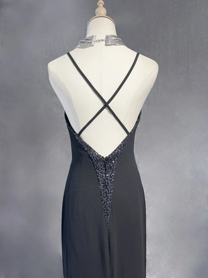 Vintage Prom Dresses Meerjungfrau Spaghettiträger Abendkleid Chiffon 70er mit Perlenstickerei Rückenfrei Langes Abendkleid N2520