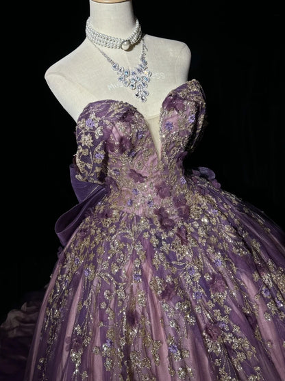 Robe de bal bustier en tulle violet avec appliques Robes de soirée Quinceañera Tenues formelles RB3938