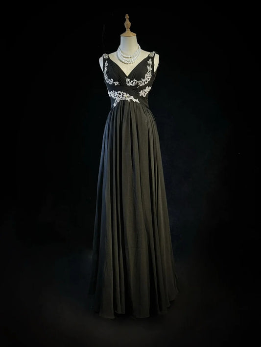 Vintage Prom Kleider A-Linie V-Ausschnitt Black Tie Chiffon 80er mit Perlenstickerei Lange Formelle Abendgarderobe N4221