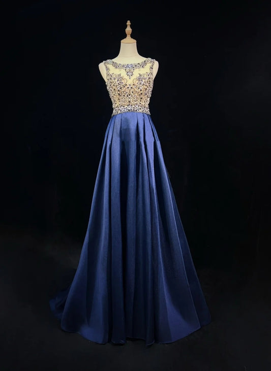 Vintage Prom Dresses A-Linie U-Boot-Ausschnitt Marineblau Satin 80er Jahre Mit Perlen Lang Formelle Abendgarderobe N4220