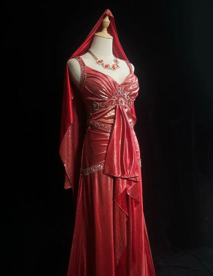 Élégante Robe de soirée longue corail à bretelles, coupe trapèze, perlée, plissée, sans manches, avec cape, Robes de bal N2448