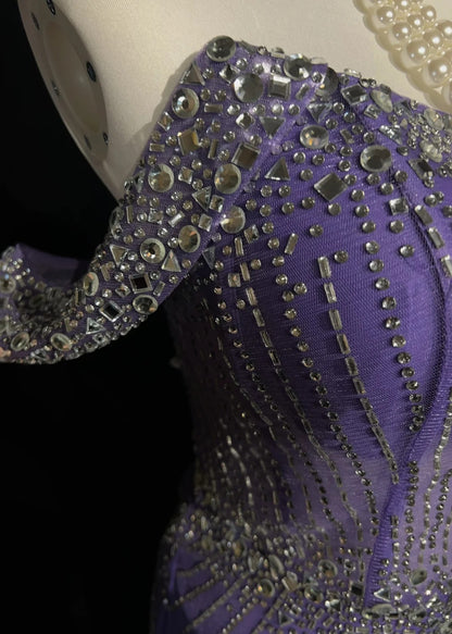 Glitzer Abschlussballkleider Meerjungfrau Sweetheart Flieder Tüll mit Perlen Rückenfrei Langes Abendkleid N3888