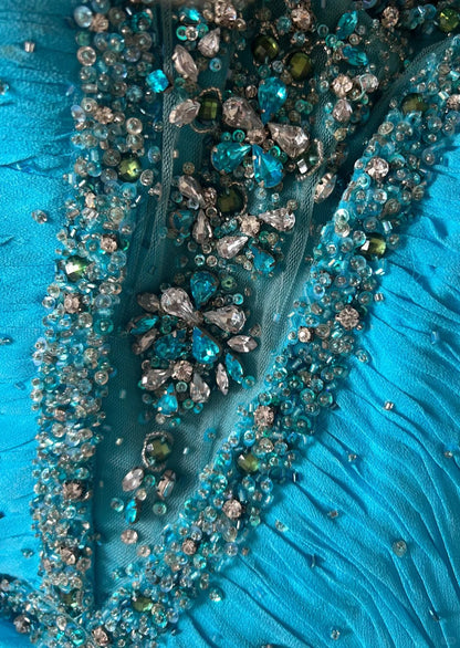 Vintage Abschlussballkleider A-Linie Neckholder Blau Chiffon mit Perlenverzierung Cape Formelle Abendgarderobe N3853