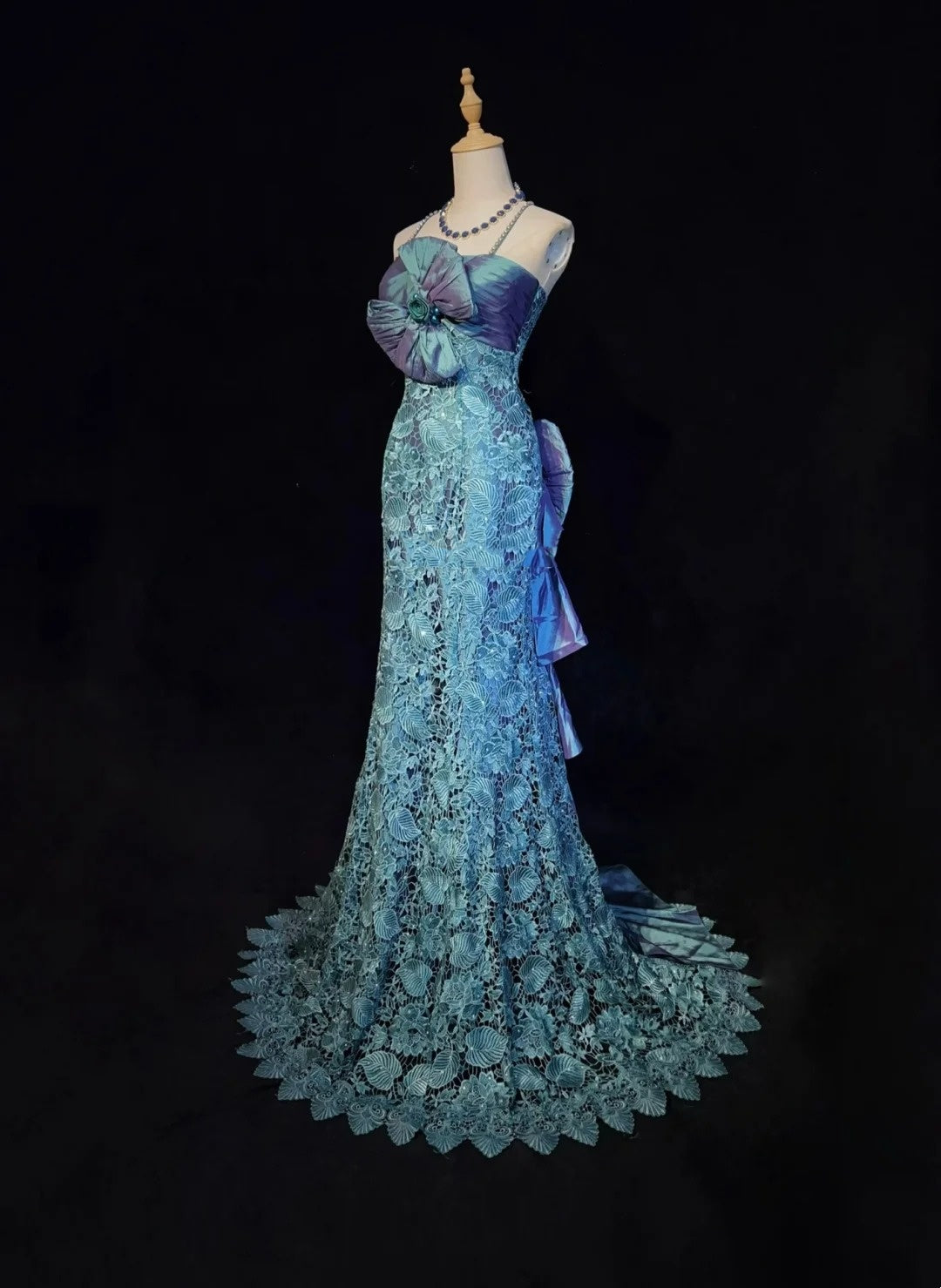 Vintage Prom Dresses Mermaid Spaghetti Strap Lace With Bow-knot 90s Long Formal Gown N2893