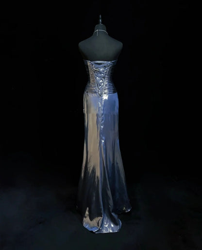 Robes esthétiques de bal vintage bleu marine coupe trapèze avec perles longue robe de soirée N3025