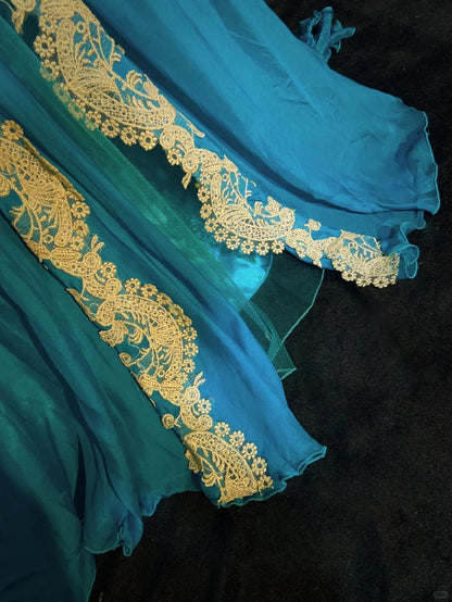 Robes de bal vintage à bretelles spaghetti en mousseline bleue avec dentelle dorée, longues robes de soirée formelles N3864