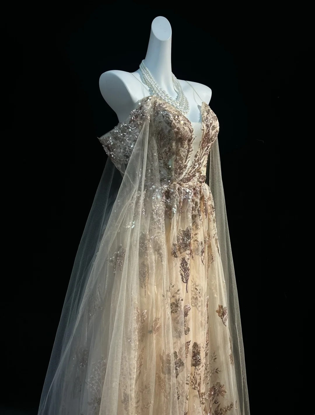 Vintage Prom Dresses A line Spaghetti Strap Gold Lace With Cape 80s Evening Formal Dress RB3267