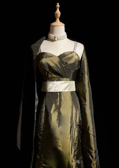 Vintage Prom Dresses Inspo Meerjungfrau Spaghettiträger Olivgrün Lang 1990er Mit Cape Formelle Kleider N3327