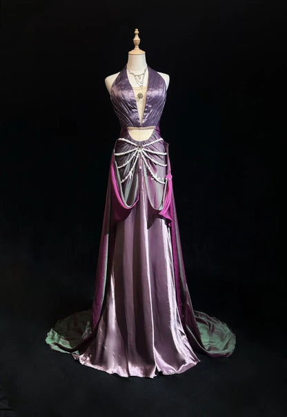 Robes de bal Glamour Sirène Halter Raisin avec perles Tenues de soirée formelles N3851