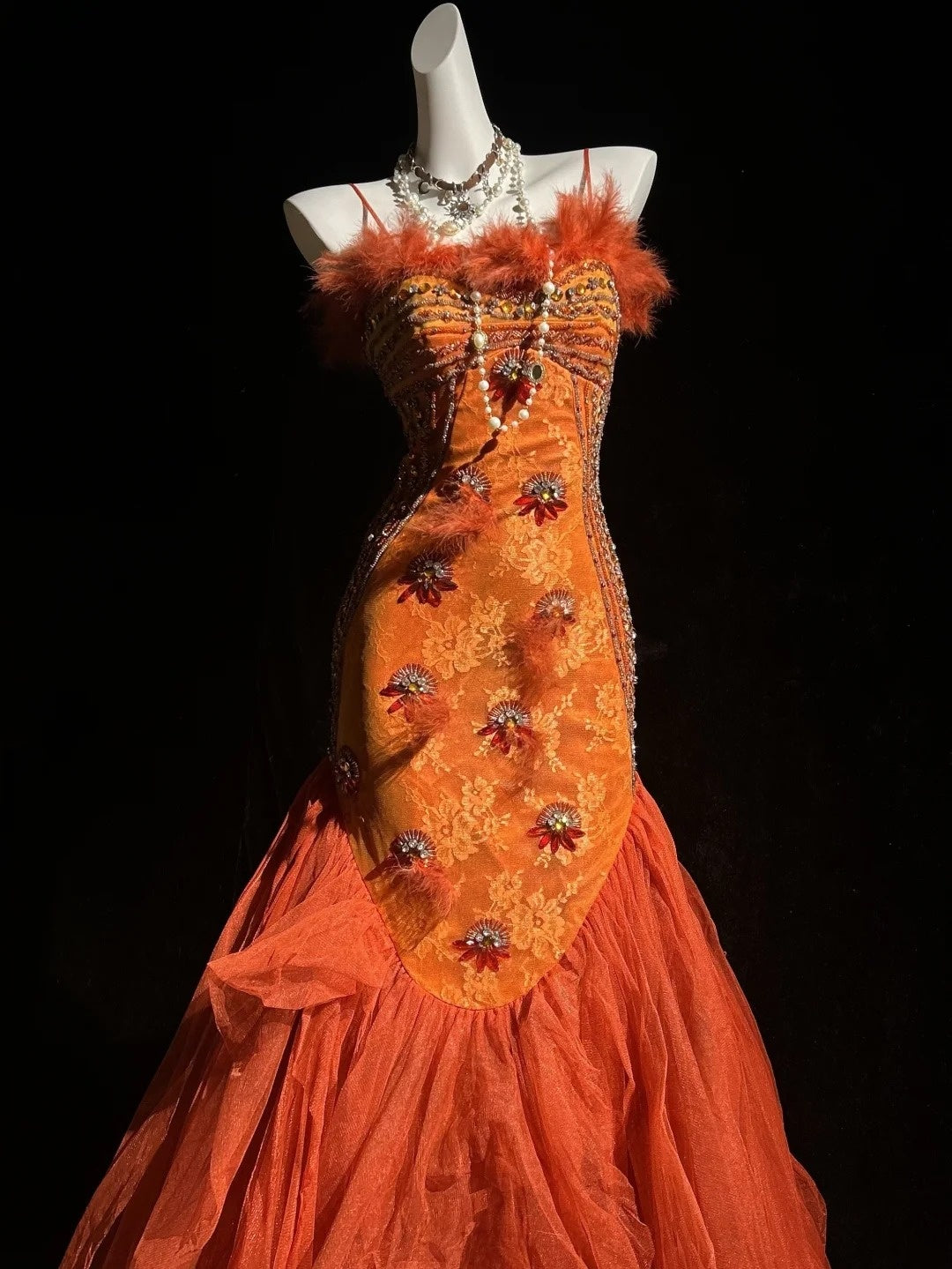 Vintage Prom Dresses Mermaid Spaghetti Straps Orange Tulle Lace Long 80s Party Evening Formal Gown RC1144